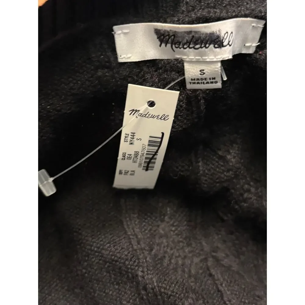 Madewell V-Neck Pullover Sweater Merino Wool S Black NWT NY444 Cable Knit Prep